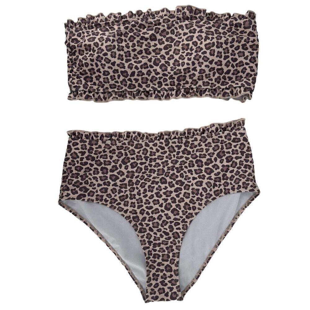 Shekini Swimsuit Animal Print Bikini High Rise Ruffle Strapless Size XL Brown